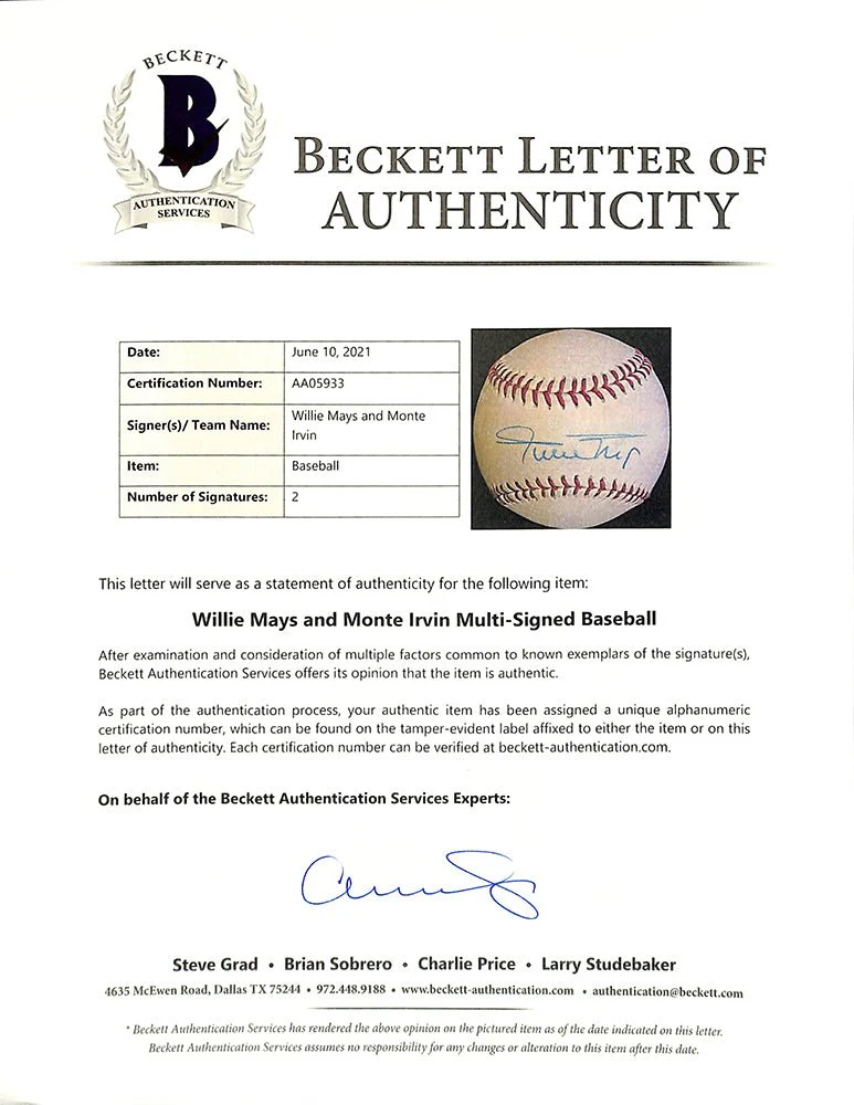 Willie Mays Monte Irvin Dual Signed Giants Baseball BAS LOA AA05933 - Image 4