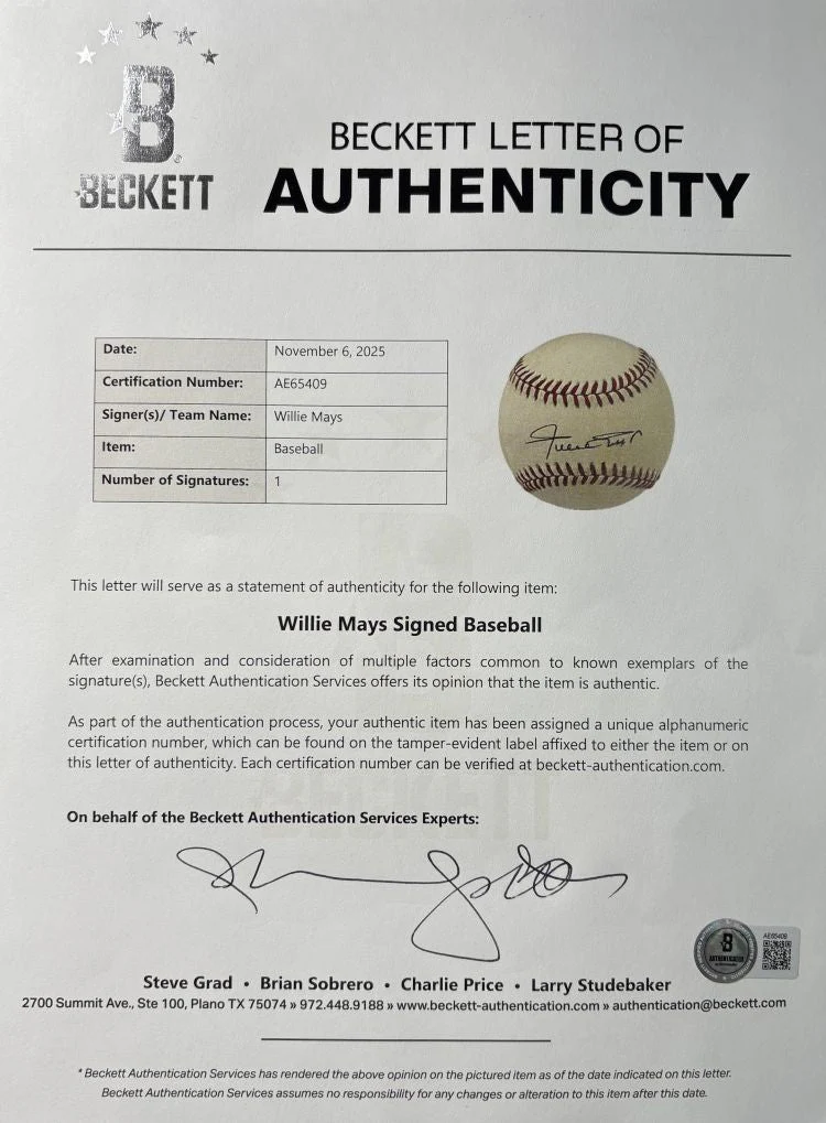 Willie Mays San Francisco Giants Signed Official NL Baseball BAS AE65409 - Image 3