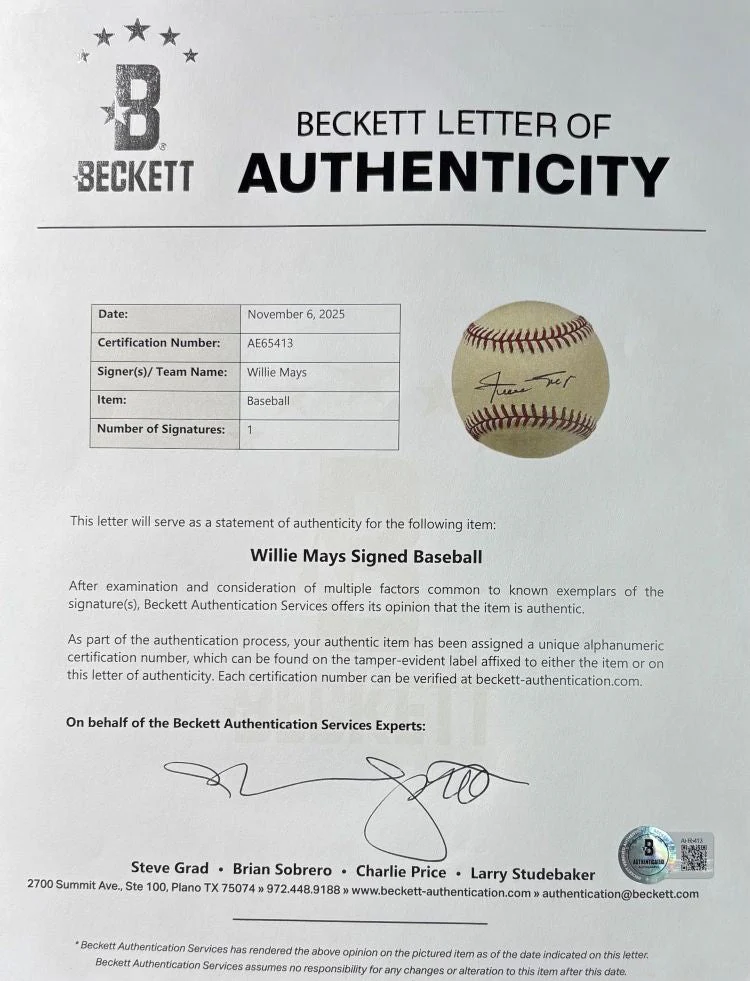 Willie Mays San Francisco Giants Signed Official NL Baseball BAS AE65413 - Image 3