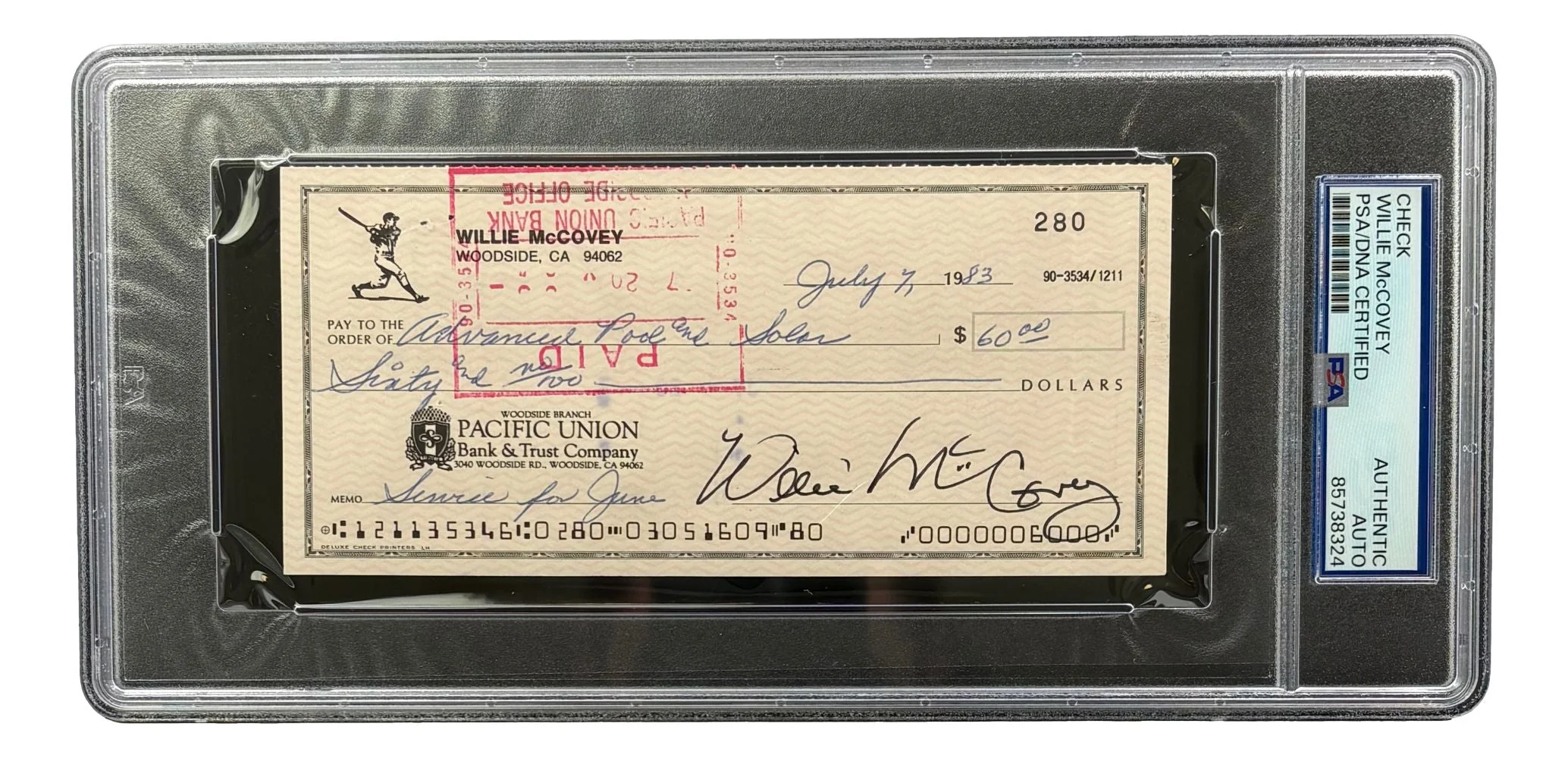 Willie McCovey San Francisco Giants Signed Bank Check #280 PSA/DNA