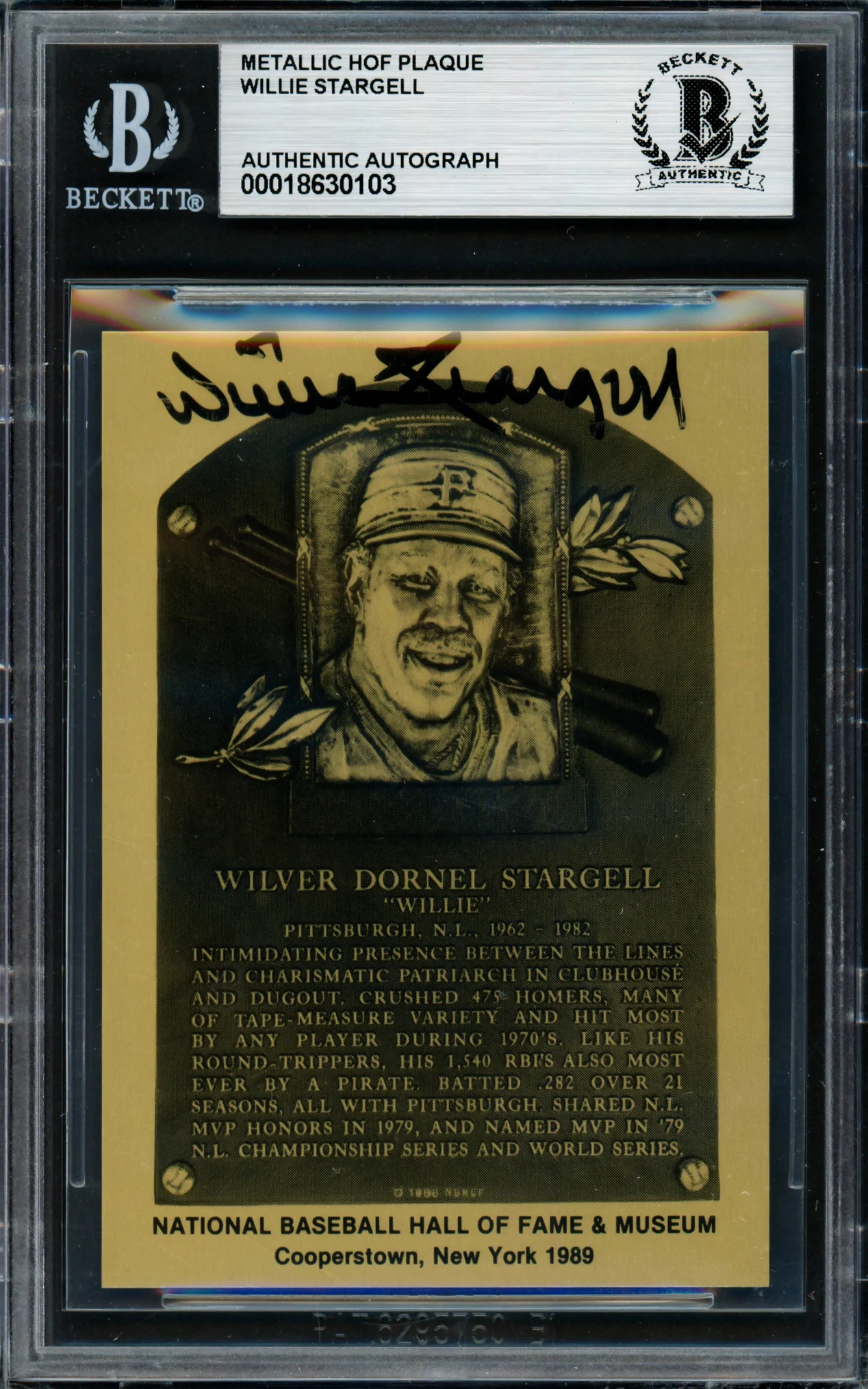 Willie Stargell Autographed 1989 2.5x3.5 Hall of Fame Metal Plaque Card Pittsburgh Pirates Beckett BAS #18630103