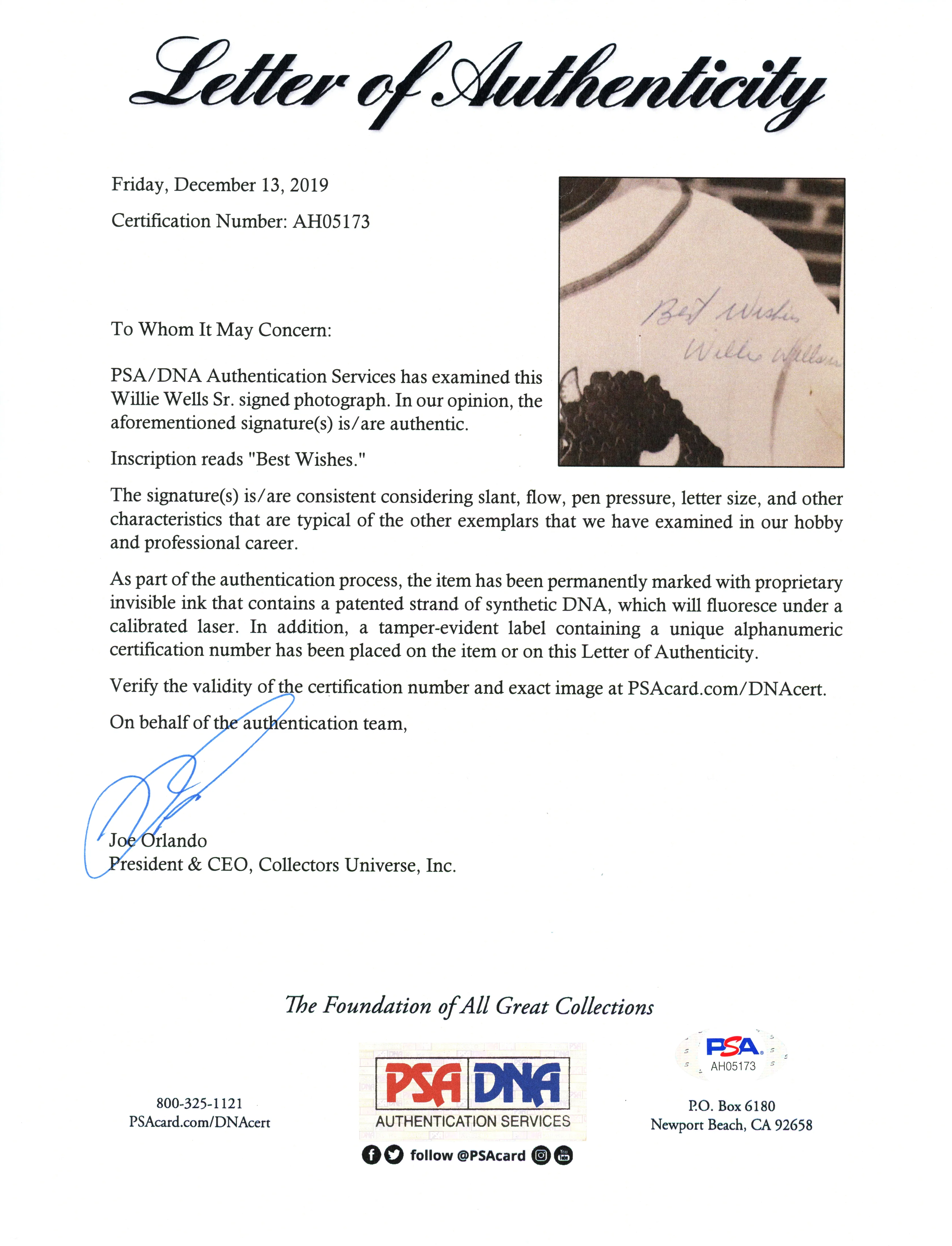 Willie Wells Autographed 8x10 Photo Negro Leagues "Best Wishes" PSA/DNA #AH05173 - Image 2