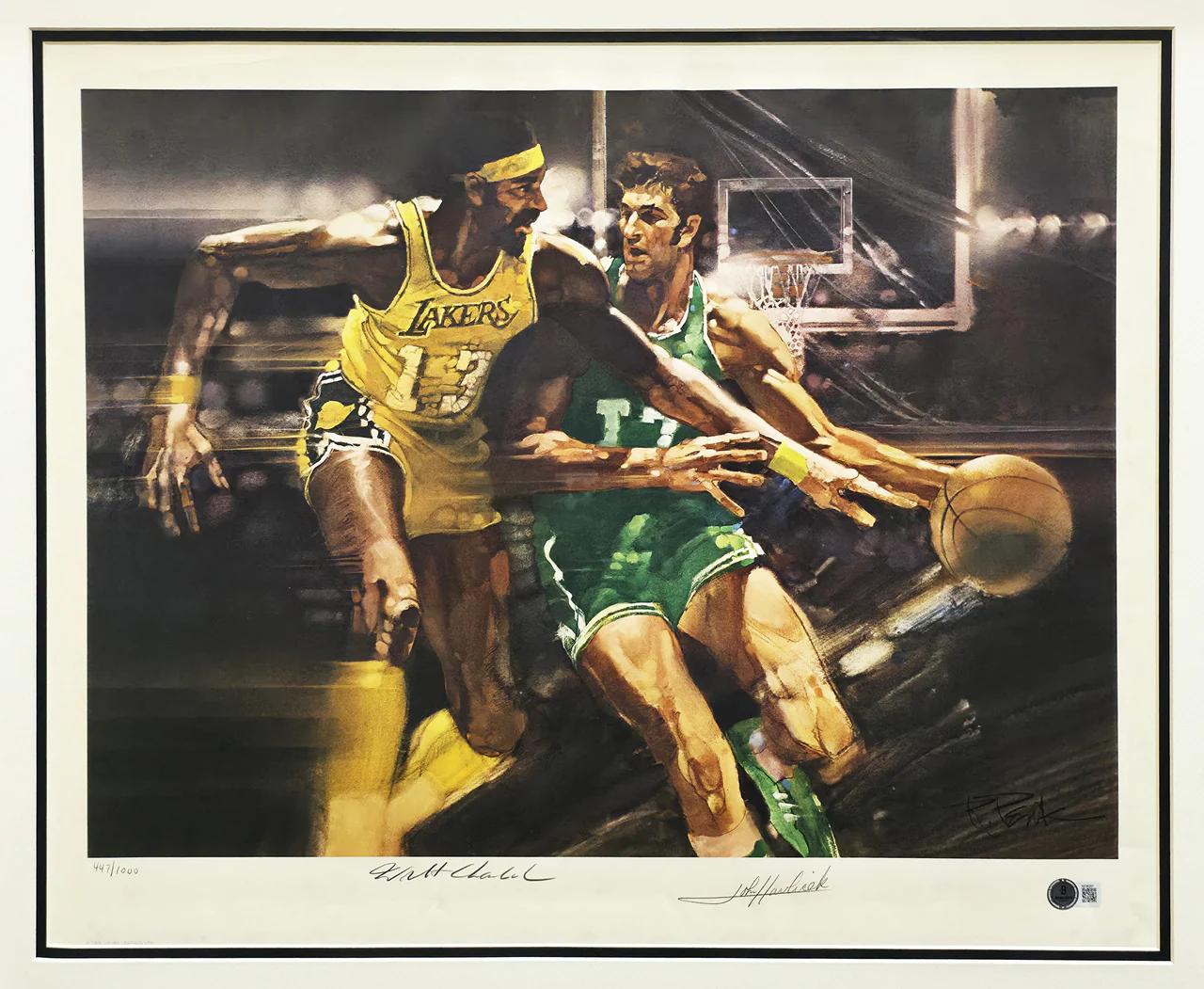 Wilt Chamberlain & John Havlicek Autographed Framed 18x22 Lithograph Photo #447/1000 Beckett BAS #AE08297 - Image 2