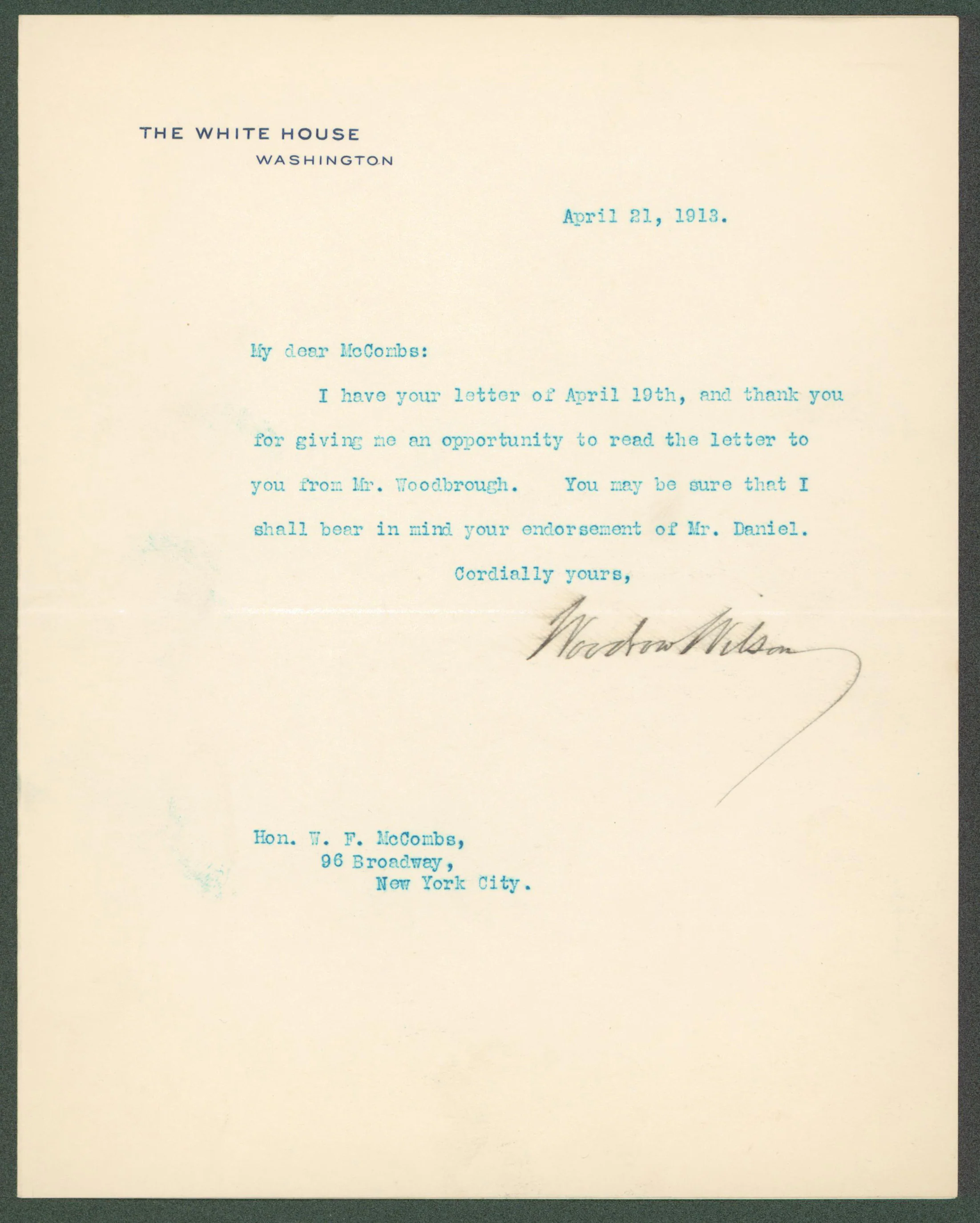 Woodrow Wilson Authentic Signed 7x8.8 Letter Dated April 21, 1913 BAS #AB14534 - Image 2
