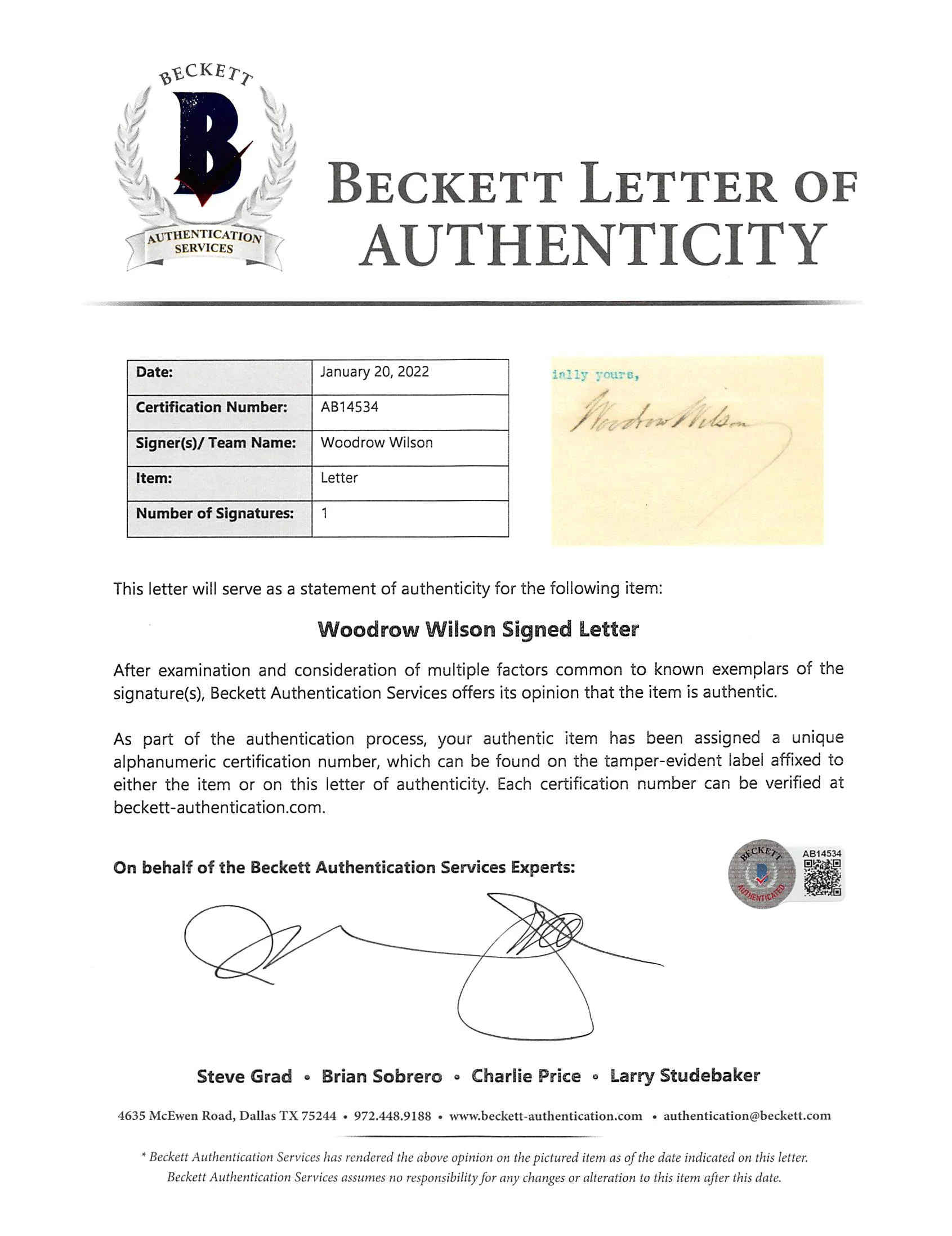Woodrow Wilson Authentic Signed 7x8.8 Letter Dated April 21, 1913 BAS #AB14534 - Image 4