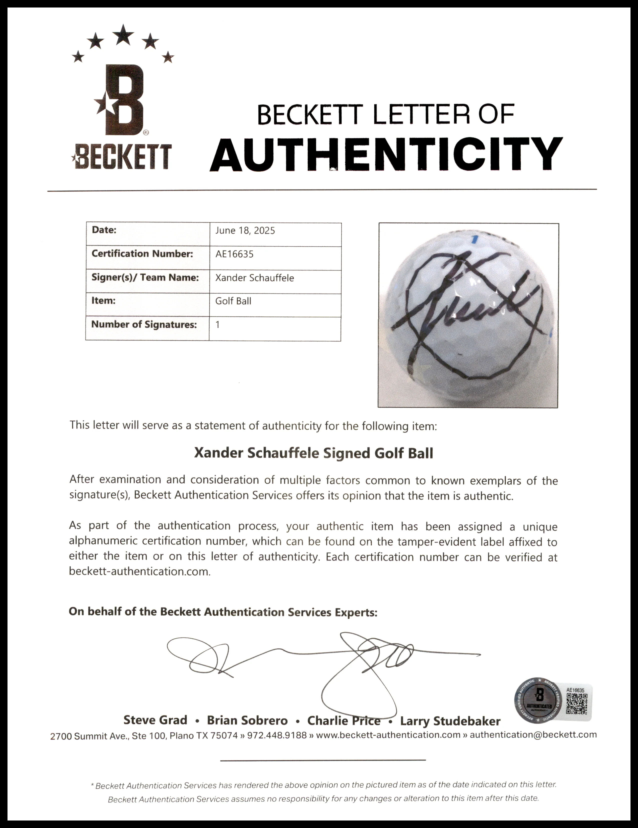 Xander Schauffele Autographed Pinnacle Sentry Golf Ball Beckett BAS #AE16635 - Image 5