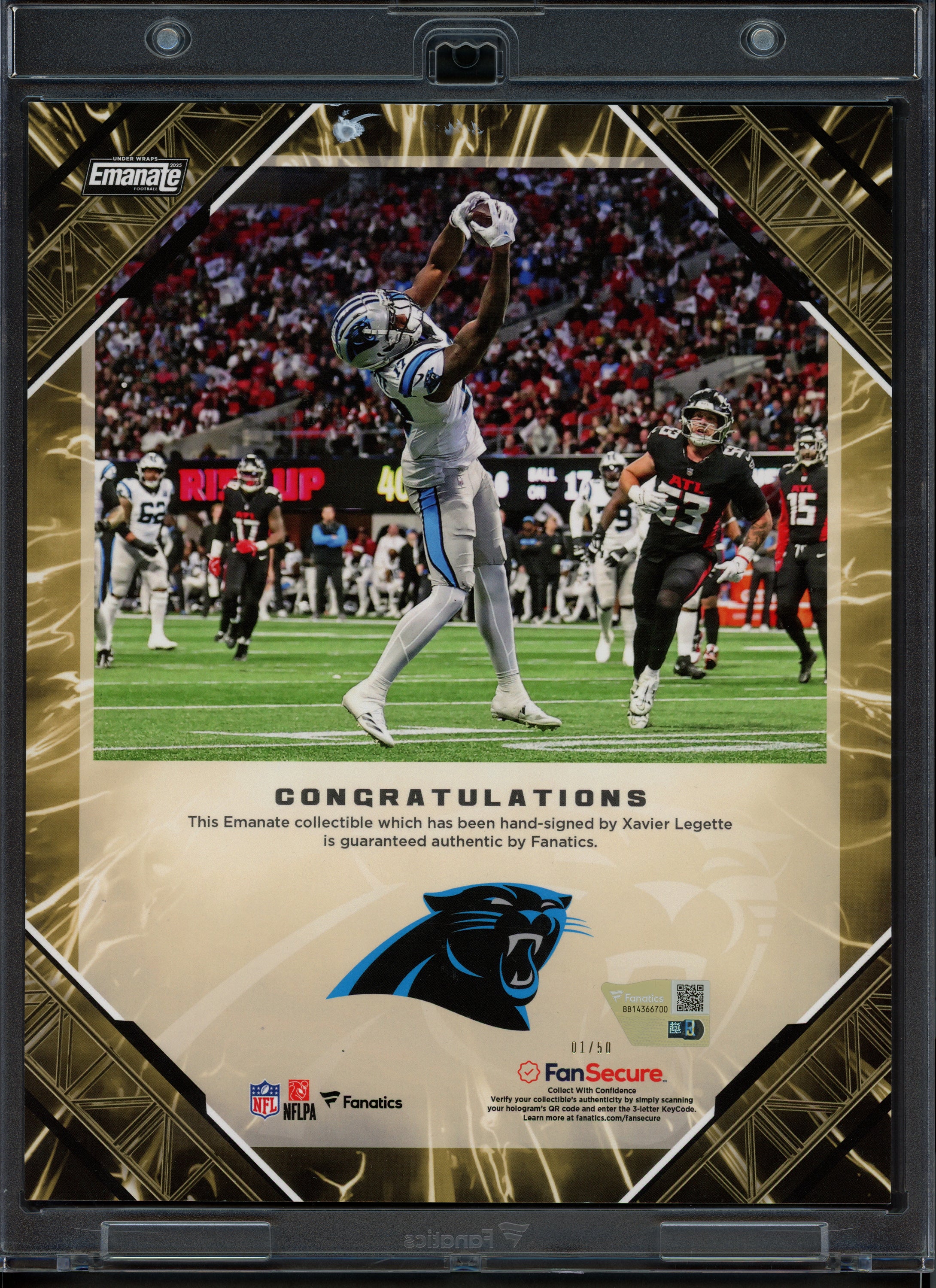 Xavier Legette Autographed 2025 Under Wraps NFL Emanate Gold Card Carolina Panthers #1/50 Fanatics Holo #BB14366700 - Image 2