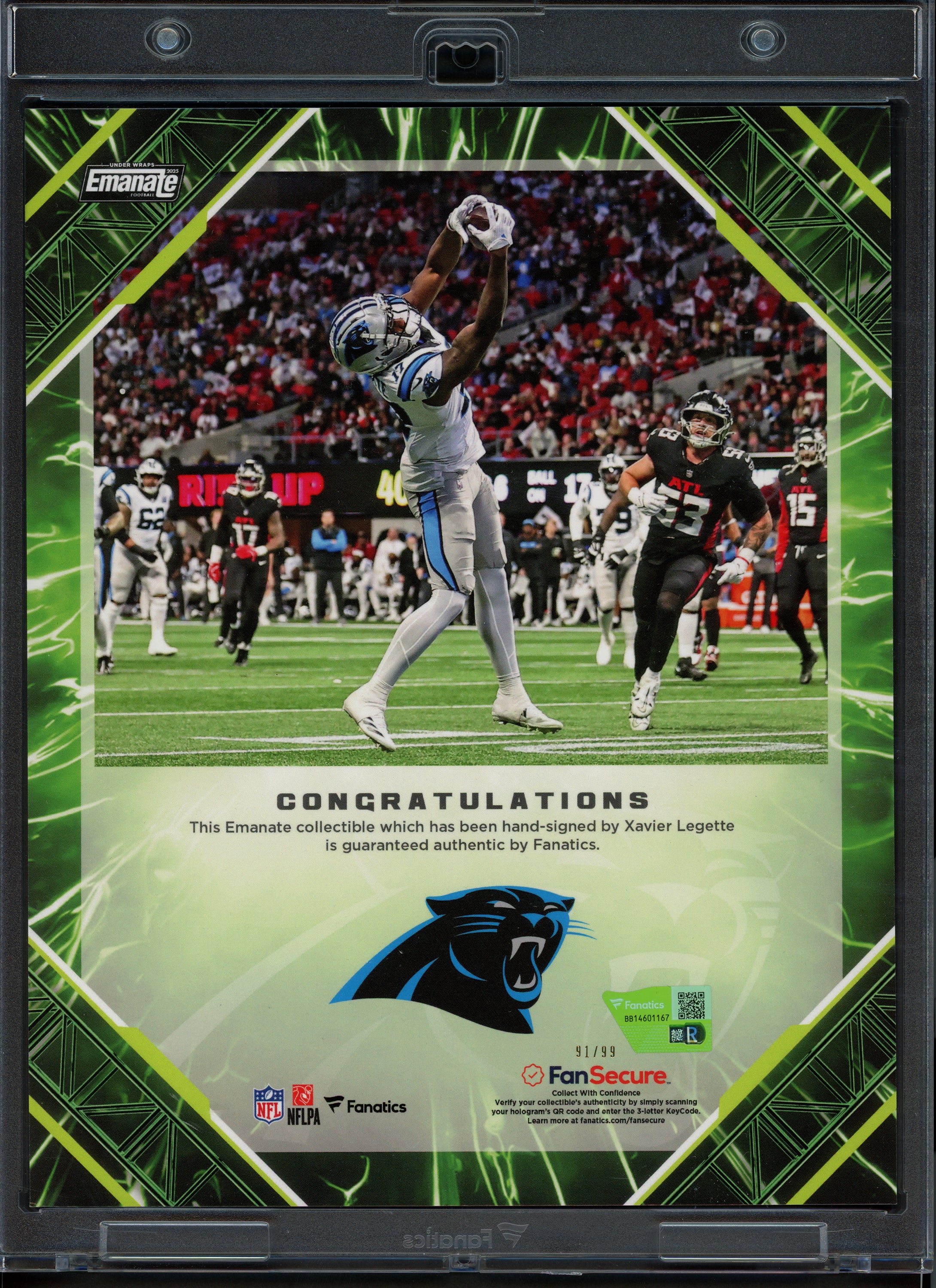 Xavier Legette Autographed 2025 Under Wraps NFL Emanate Green Card Carolina Panthers #91/99 Fanatics Holo #BB14601167 - Image 2