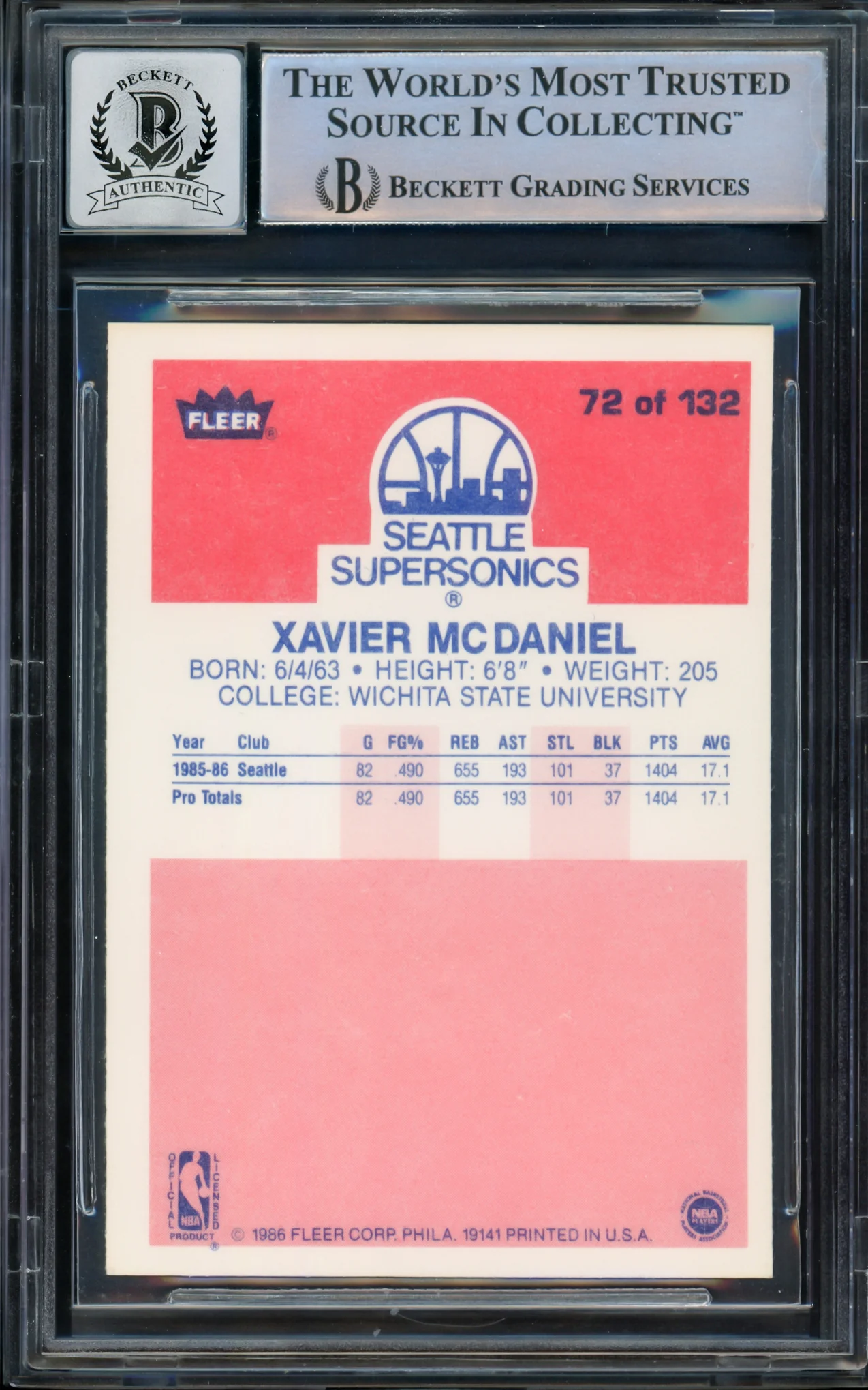 Xavier McDaniel Autographed 1986-87 Fleer Rookie Card #72 Seattle Supersonics Auto Grade Gem Mint 10 Beckett BAS Stock #211223 - Image 2