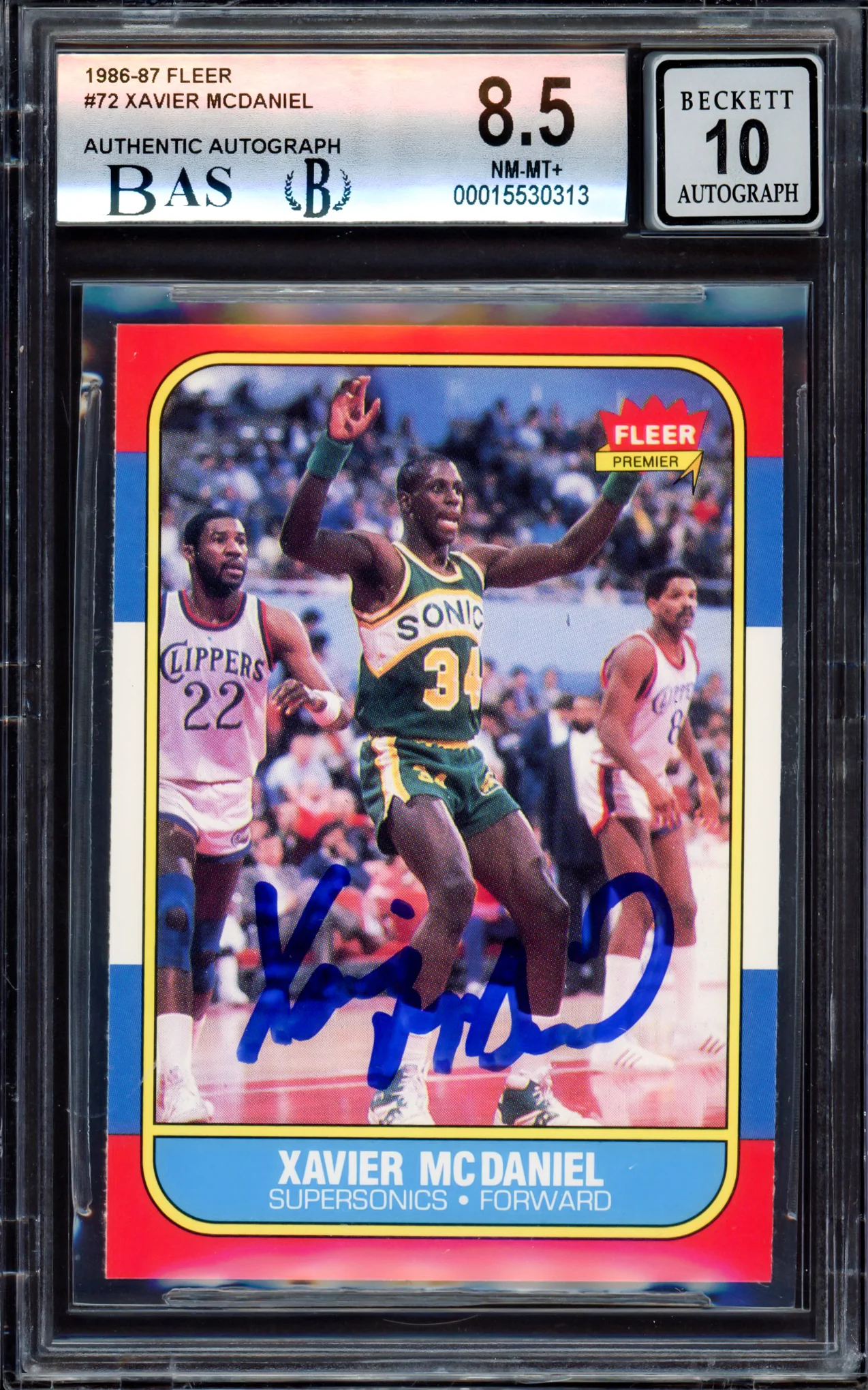Xavier McDaniel Autographed 1986-87 Fleer Rookie Card #72 Seattle SuperSonics BGS 8.5 Auto Grade Gem Mint 10 Beckett BAS Stock #214850