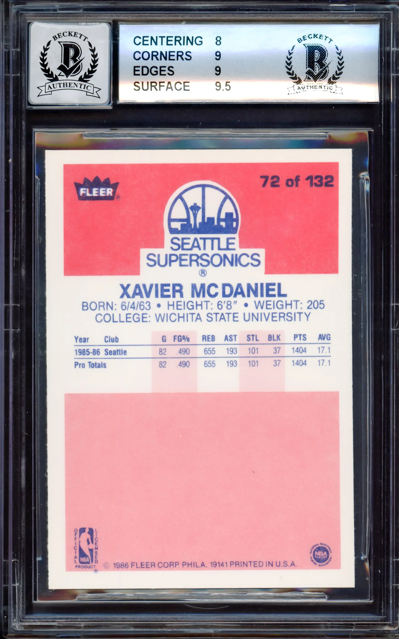 Xavier McDaniel Autographed 1986-87 Fleer Rookie Card #72 Seattle SuperSonics BGS 8.5 Auto Grade Gem Mint 10 Beckett BAS Stock #214850 - Image 2