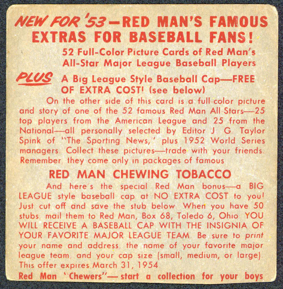 Yankees Casey Stengel 1953 Red Man's All Star Series Trading Card No Tab - Image 3
