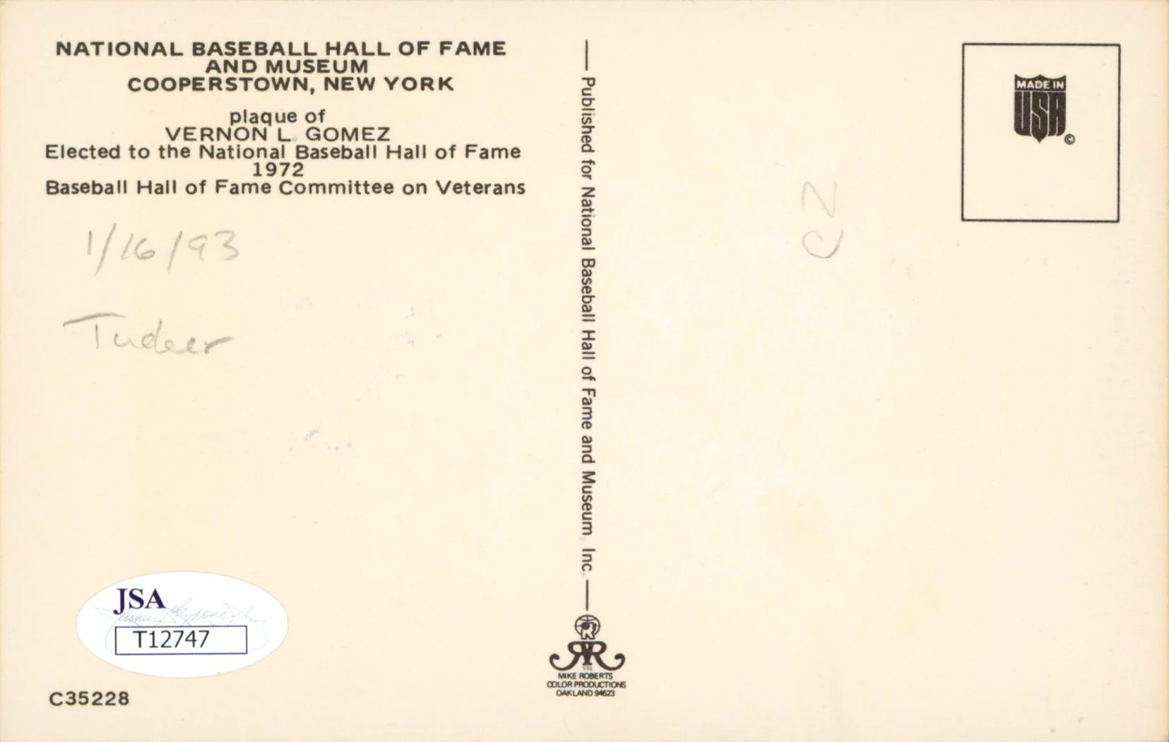 Yankees Lefty Gomez Authentic Signed 3.5x5.5 HOF Plaque Postcard JSA #T12747 - Image 3
