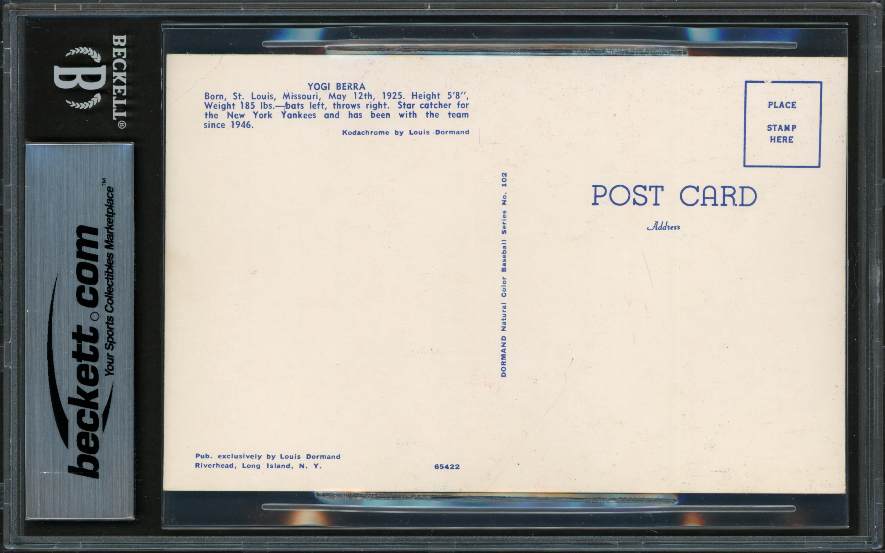 Yogi Berra Autographed 1953-55 Dormand 3.5x5.5 Postcard New York Yankees Beckett BAS #18630778 - Image 2