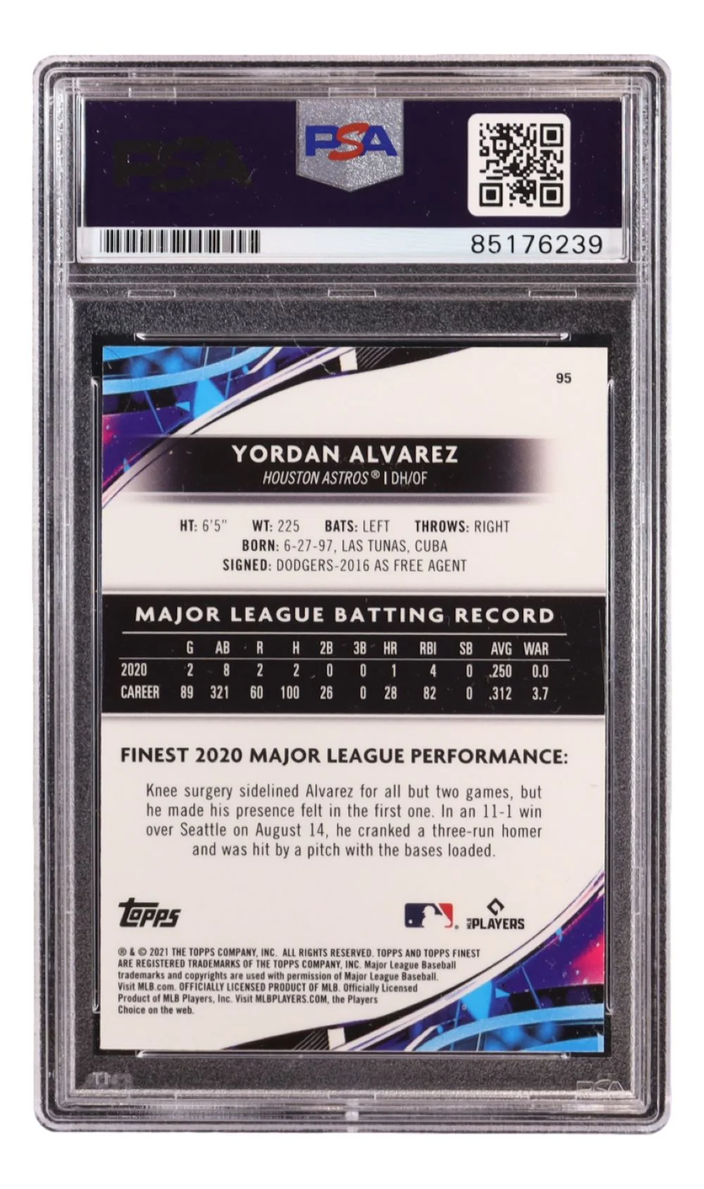 Yordan Alvarez Signed 2021 Topps #95 Astros Trading Card PSA/DNA - Image 2