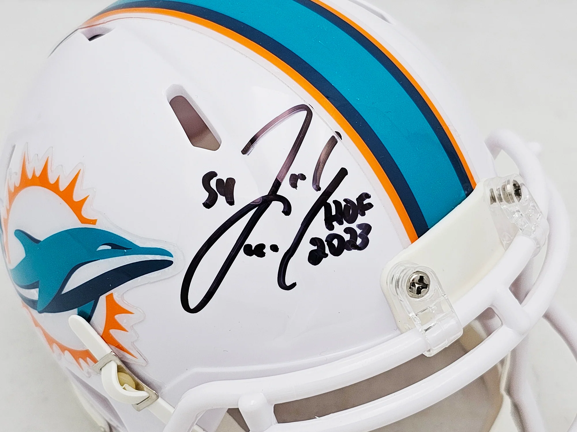 Zach Thomas Autographed Miami Dolphins White Speed Mini Helmet "HOF 2023" Beckett BAS Witness Stock #215335 - Image 2