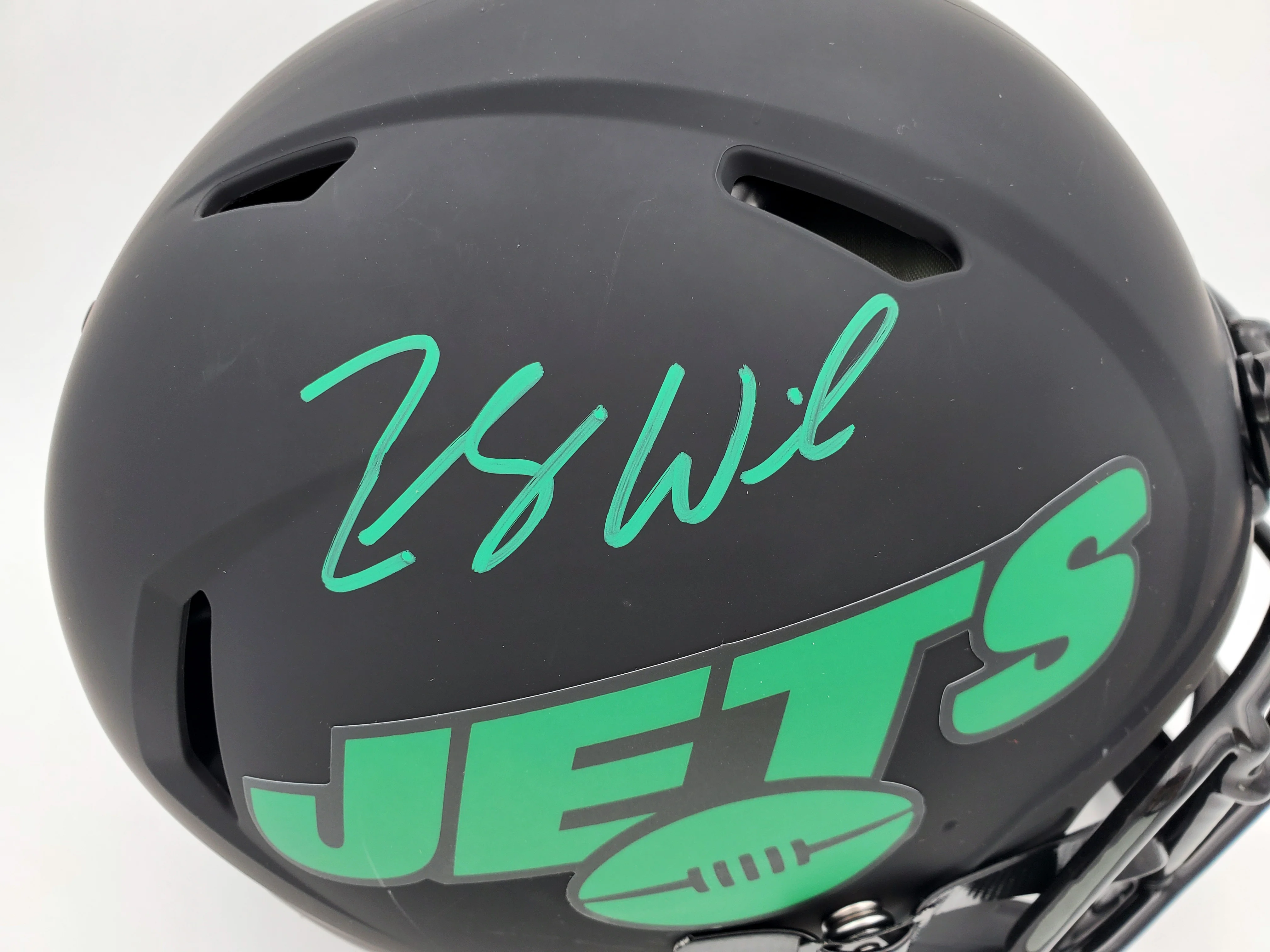 Zach Wilson Autographed New York Jets Eclipse Black Full Size Authentic Speed Helmet Beckett BAS QR Stock #194731 - Image 2