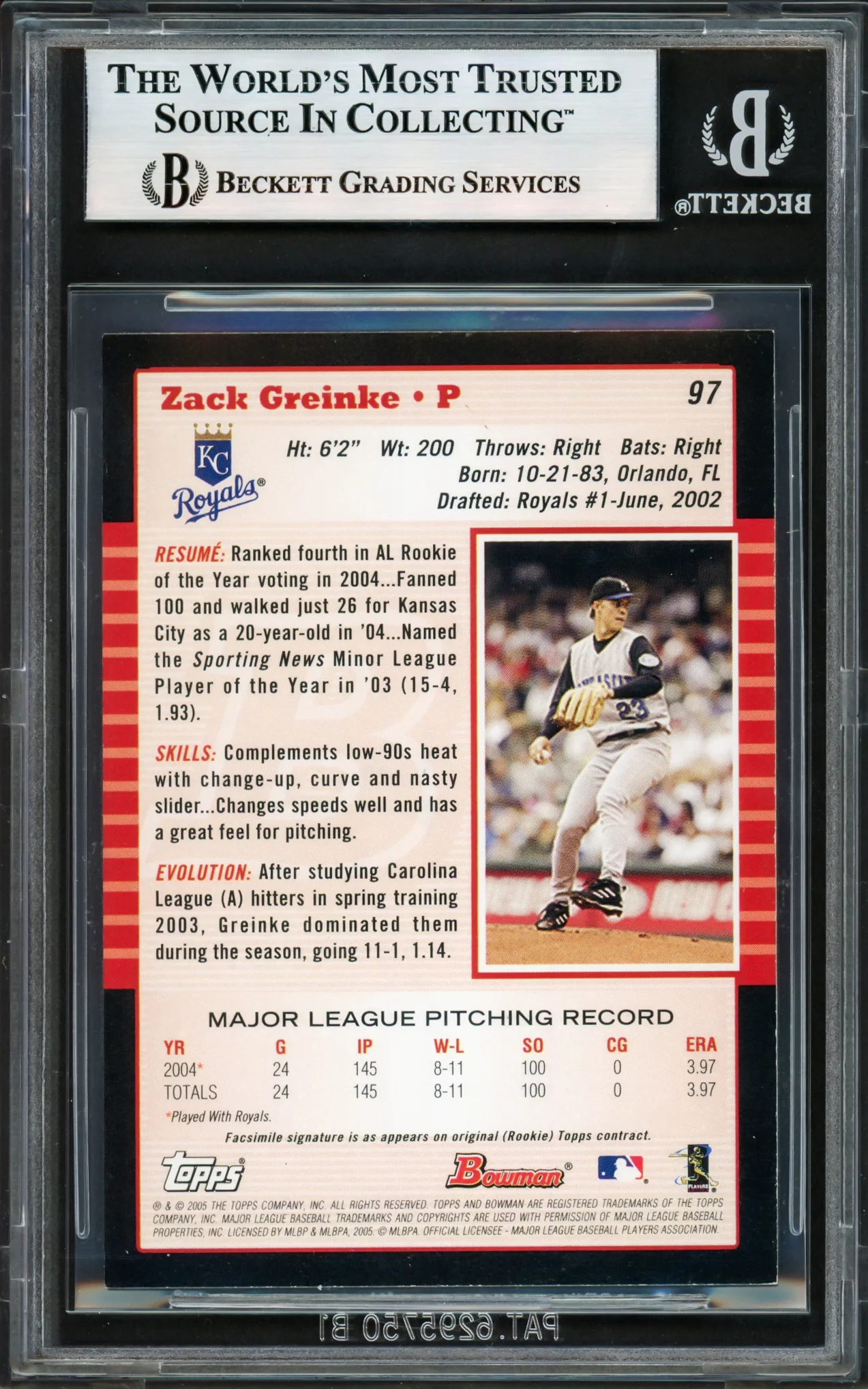 Zack Greinke Autographed 2005 Bowman Rookie Card #97 Kansas City Royals Beckett BAS #17605797 - Image 2