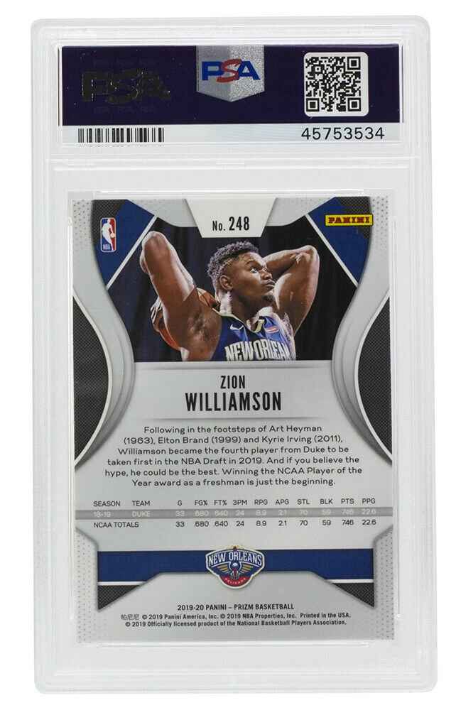 Zion Williamson Duke Slabbed 2019 Prizm #248 Basketball Card Gem Mint 10 PSA - Image 2